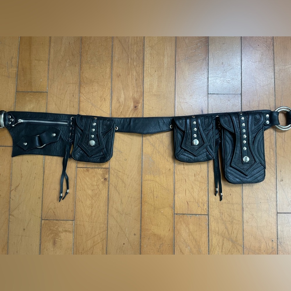 New Black Leather Festival Rave Burning Man Belt with Pouches